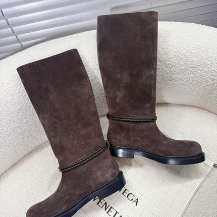 BOTTEGA VENETA 26S TALL BOOTS IN DARK BROWN SUEDE WITH ROPE DETAIL