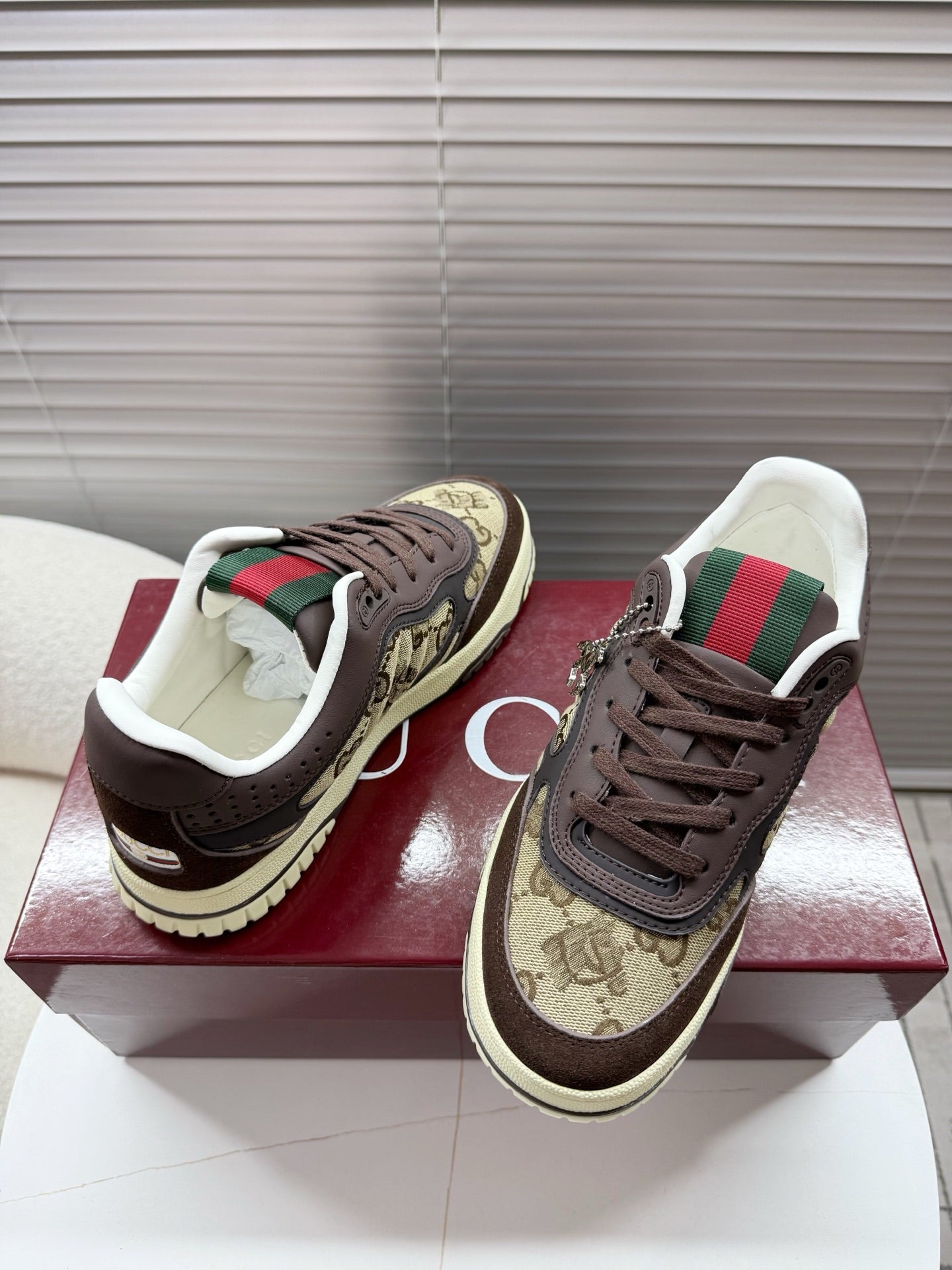 GUCCI 26S MAC80 SNEAKER IN BEIGE CANVAS AND DARK BROWN LEATHER