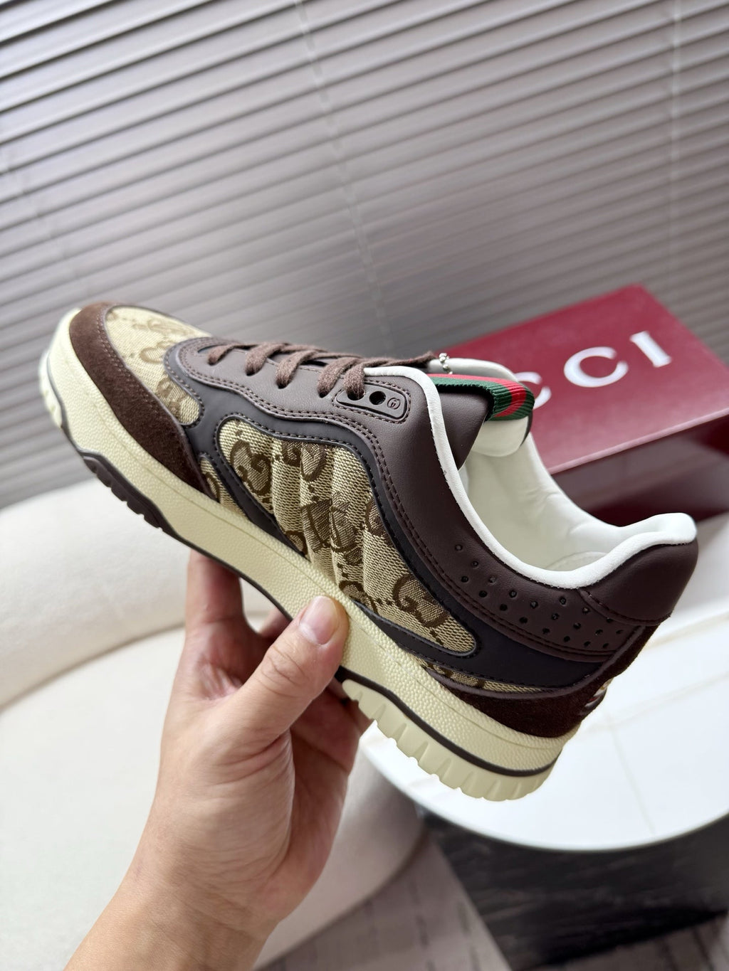GUCCI 26S MAC80 SNEAKER IN BEIGE CANVAS AND DARK BROWN LEATHER