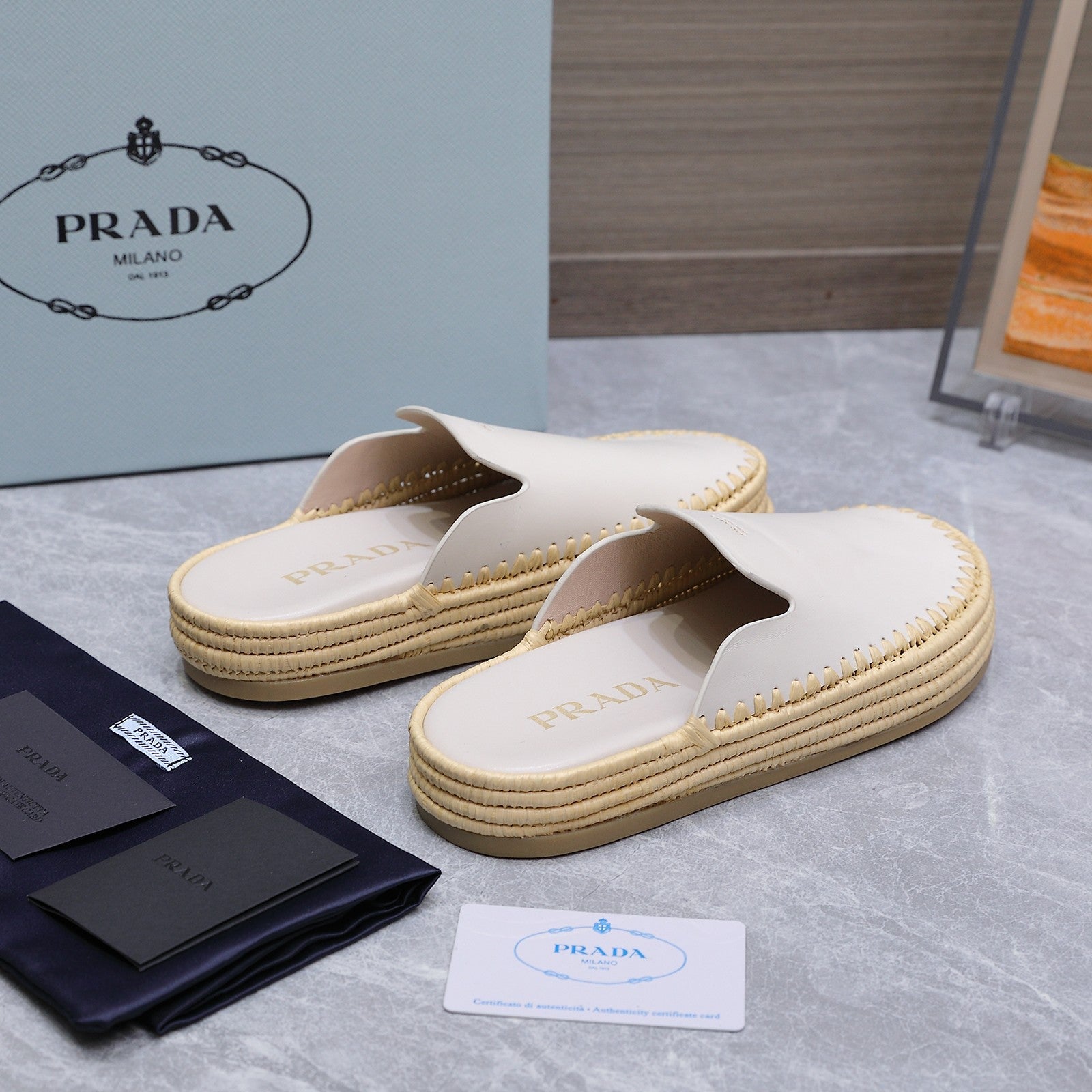 PRADA 26S MULES ESPADRILLES IN WHITE CALFSKIN