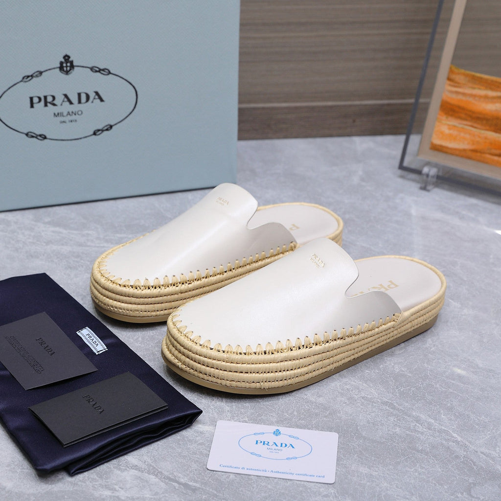 PRADA 26S MULES ESPADRILLES IN WHITE CALFSKIN