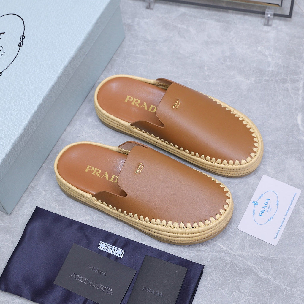 PRADA 26S MULES ESPADRILLES IN BROWN CALFSKIN