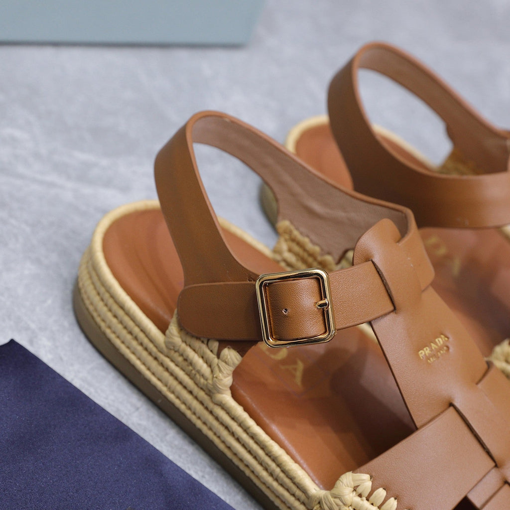 PRADA 26S SANDAL ESPADRILLES IN BROWN CALFSKIN