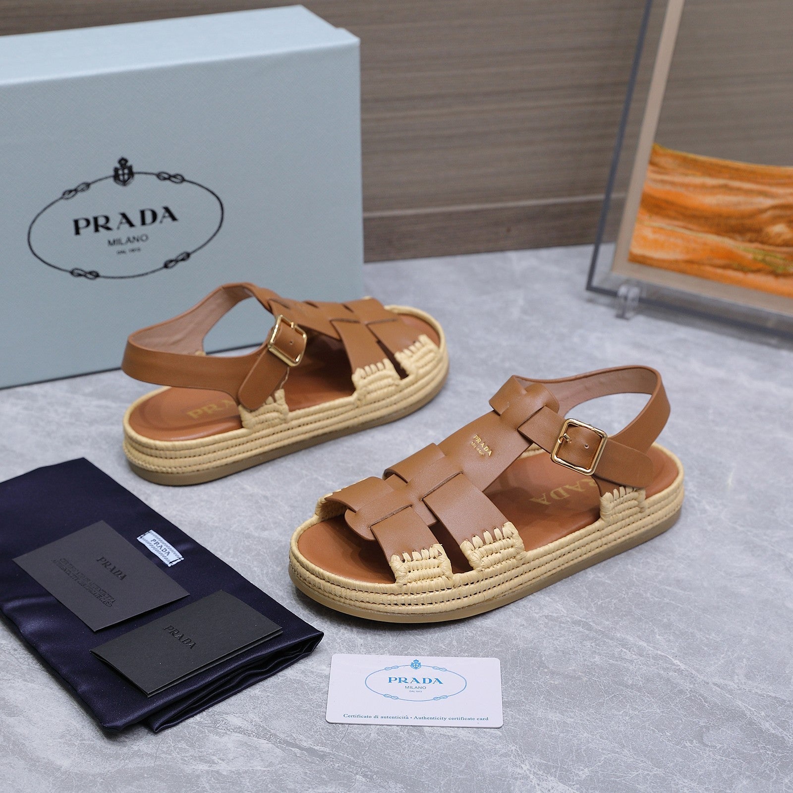 PRADA 26S SANDAL ESPADRILLES IN BROWN CALFSKIN
