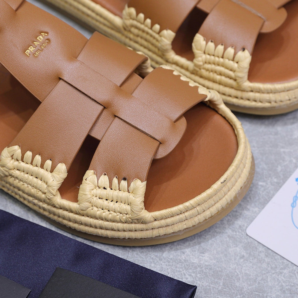 PRADA 26S SANDAL ESPADRILLES IN BROWN CALFSKIN
