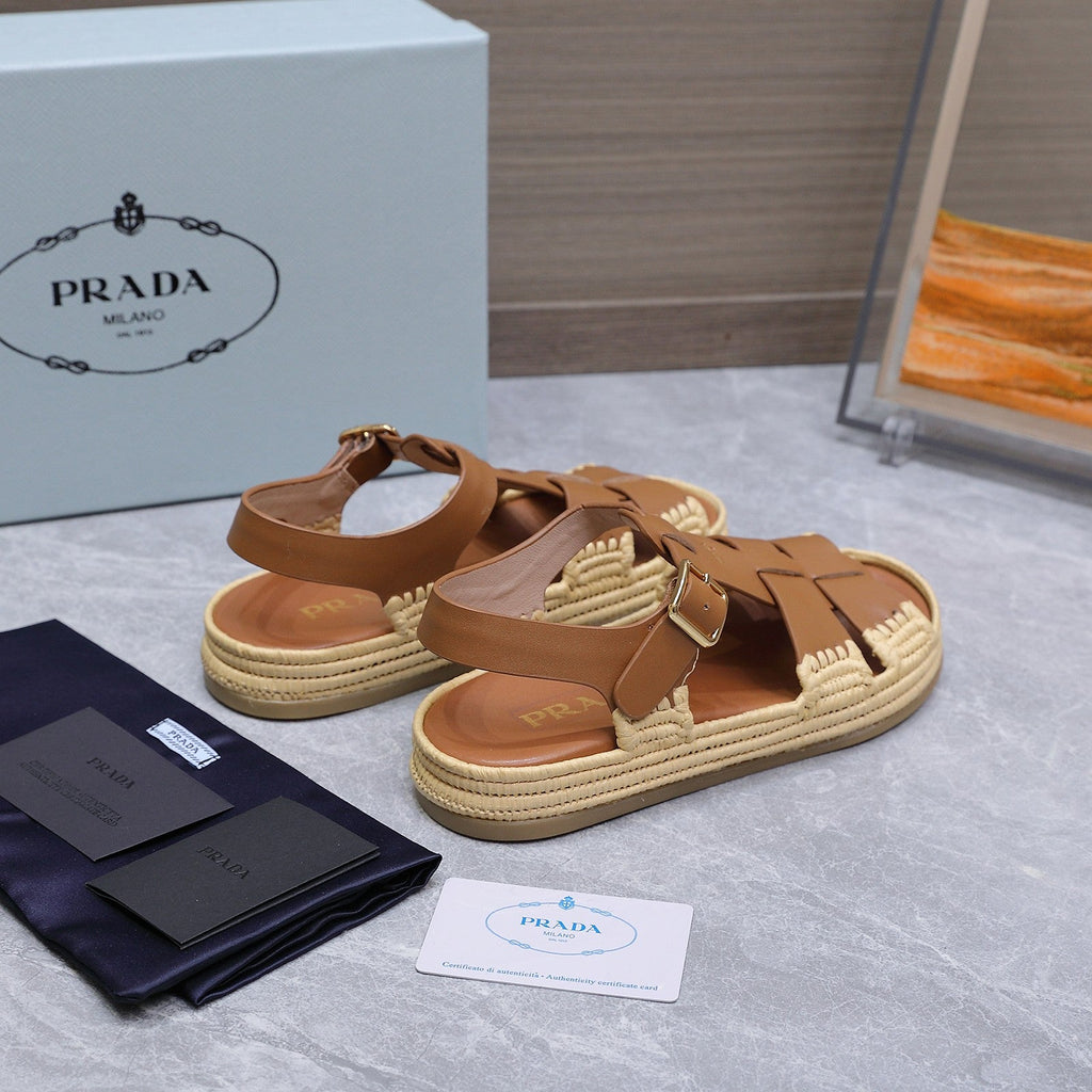 PRADA 26S SANDAL ESPADRILLES IN BROWN CALFSKIN