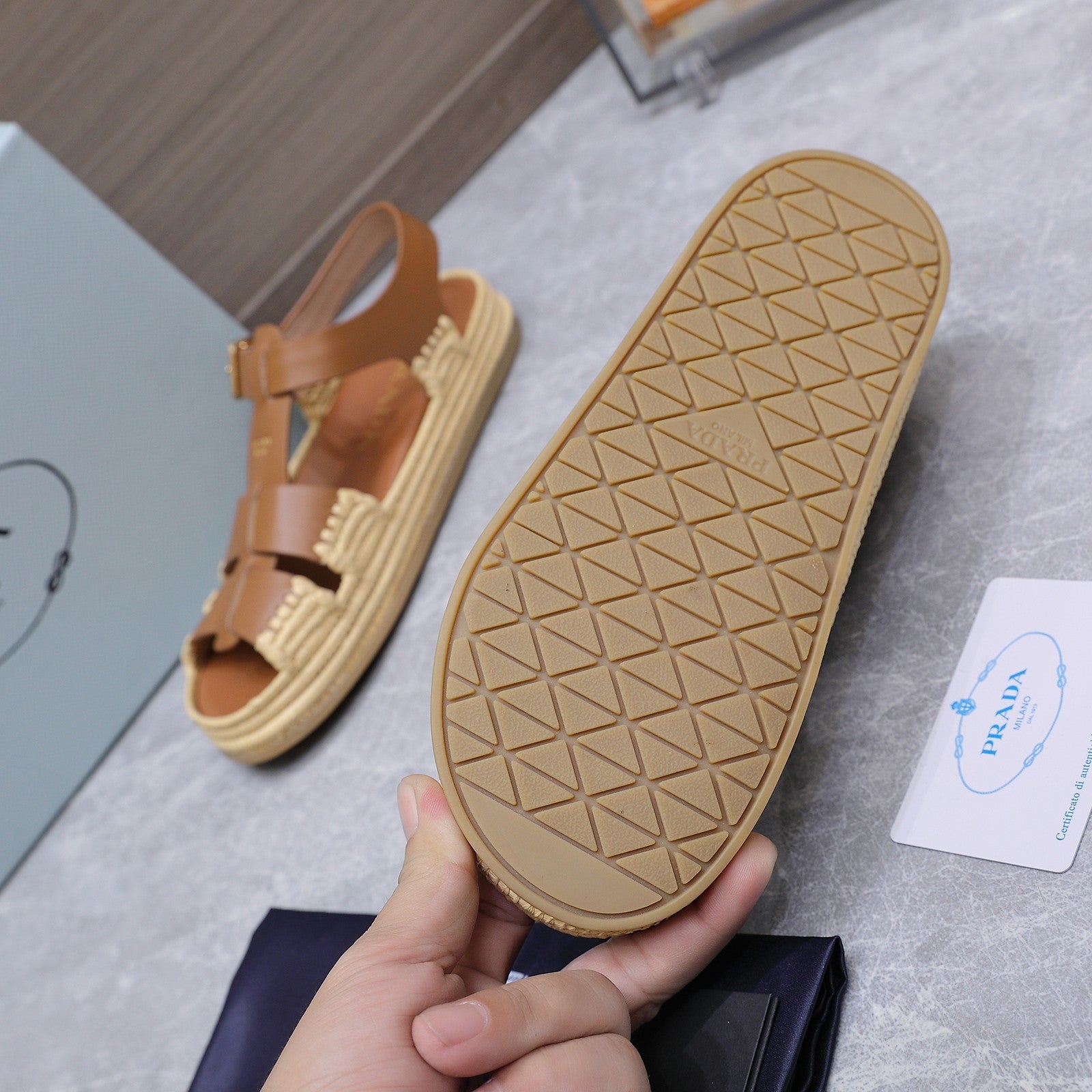PRADA 26S SANDAL ESPADRILLES IN BROWN CALFSKIN