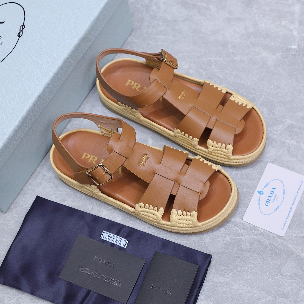 PRADA 26S SANDAL ESPADRILLES IN BROWN CALFSKIN