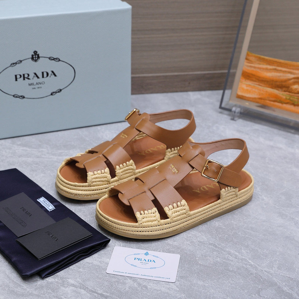 PRADA 26S SANDAL ESPADRILLES IN BROWN CALFSKIN