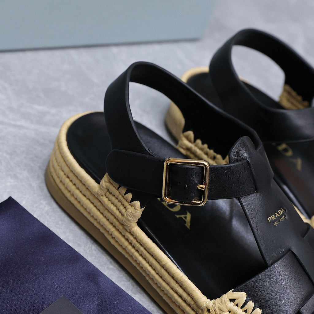 PRADA 26S SANDAL ESPADRILLES IN BLACK CALFSKIN