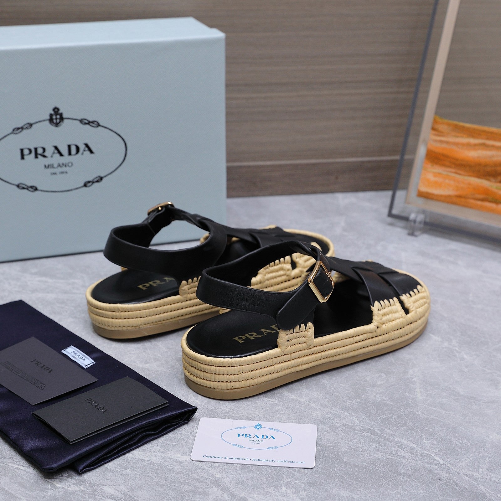 PRADA 26S SANDAL ESPADRILLES IN BLACK CALFSKIN