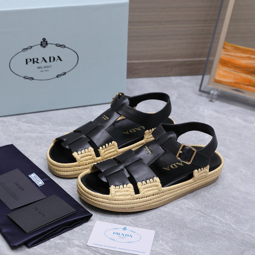 PRADA 26S SANDAL ESPADRILLES IN BLACK CALFSKIN