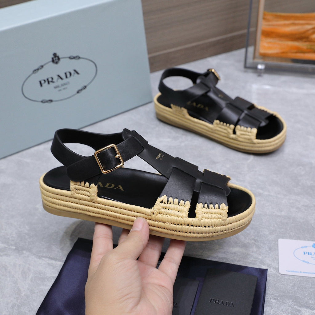 PRADA 26S SANDAL ESPADRILLES IN BLACK CALFSKIN