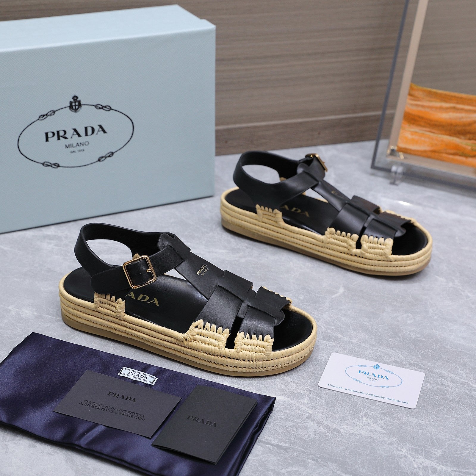 PRADA 26S SANDAL ESPADRILLES IN BLACK CALFSKIN
