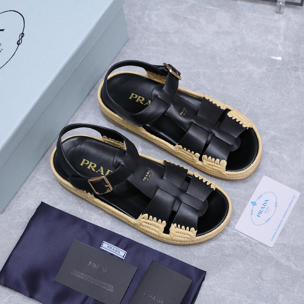 PRADA 26S SANDAL ESPADRILLES IN BLACK CALFSKIN