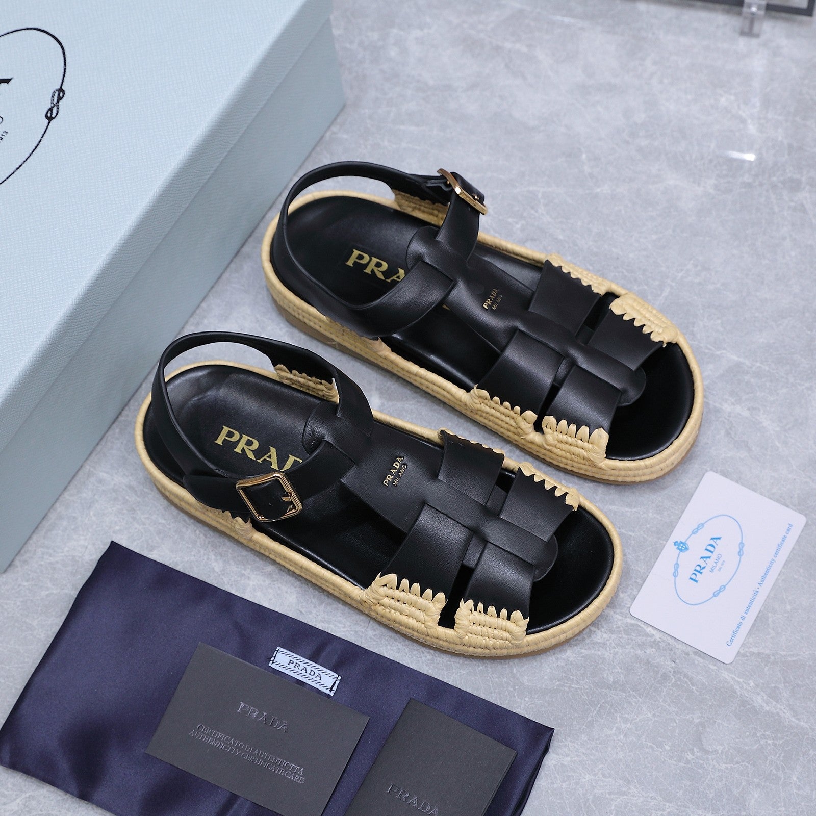 PRADA 26S SANDAL ESPADRILLES IN BLACK CALFSKIN
