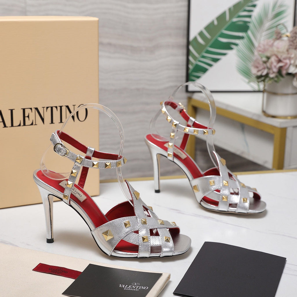 VALENTINO GARAVANI 100MM ROCKSTUD EMBELLISHED SANDALS IN SLIVER METALLIC CALFSKIN