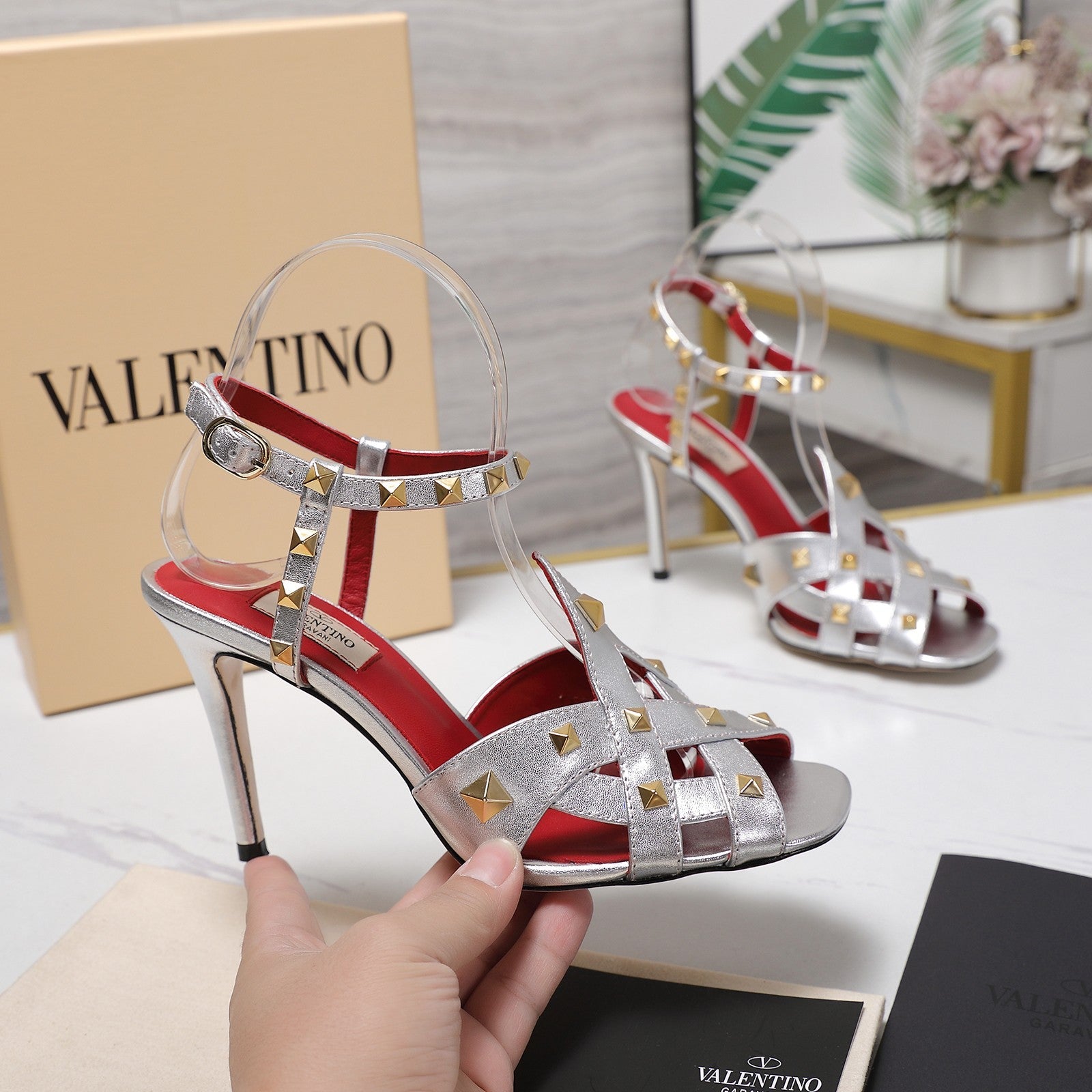 VALENTINO GARAVANI 100MM ROCKSTUD EMBELLISHED SANDALS IN SLIVER METALLIC CALFSKIN