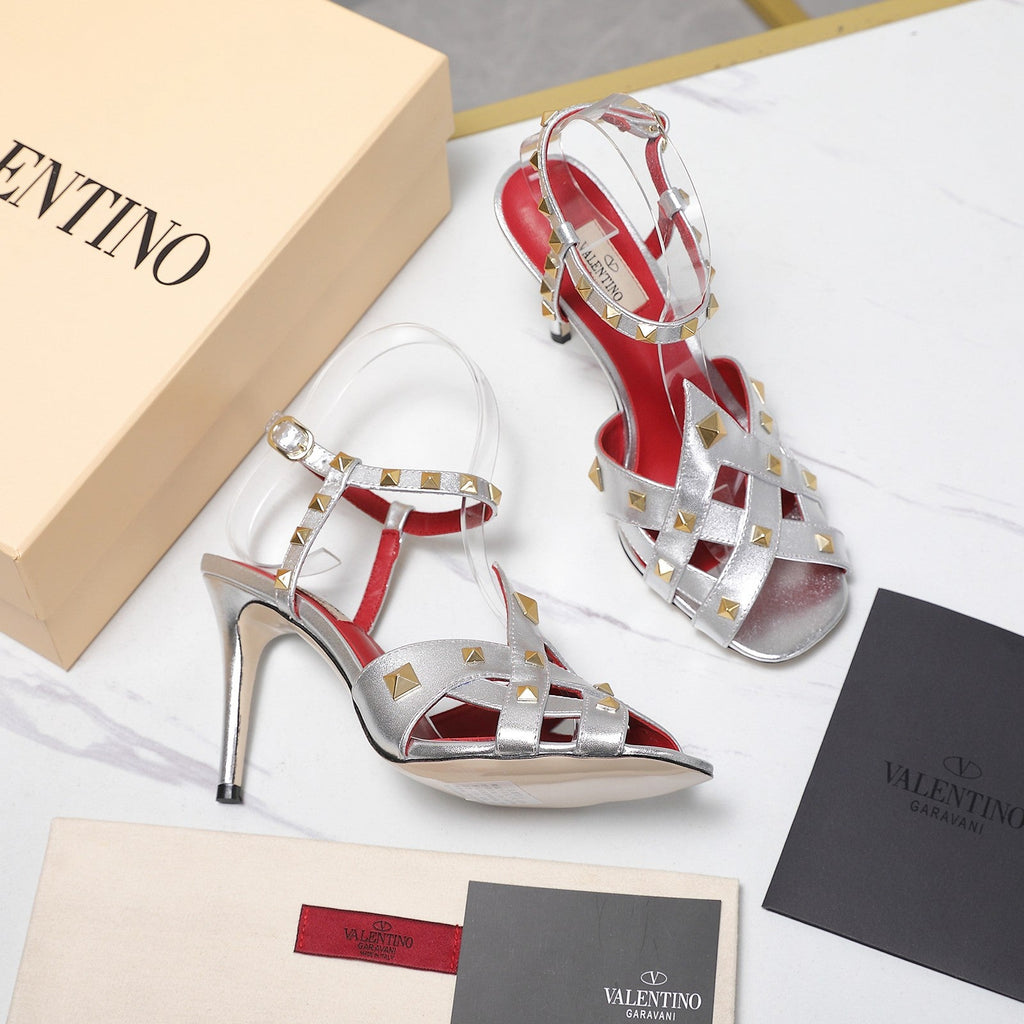 VALENTINO GARAVANI 100MM ROCKSTUD EMBELLISHED SANDALS IN SLIVER METALLIC CALFSKIN