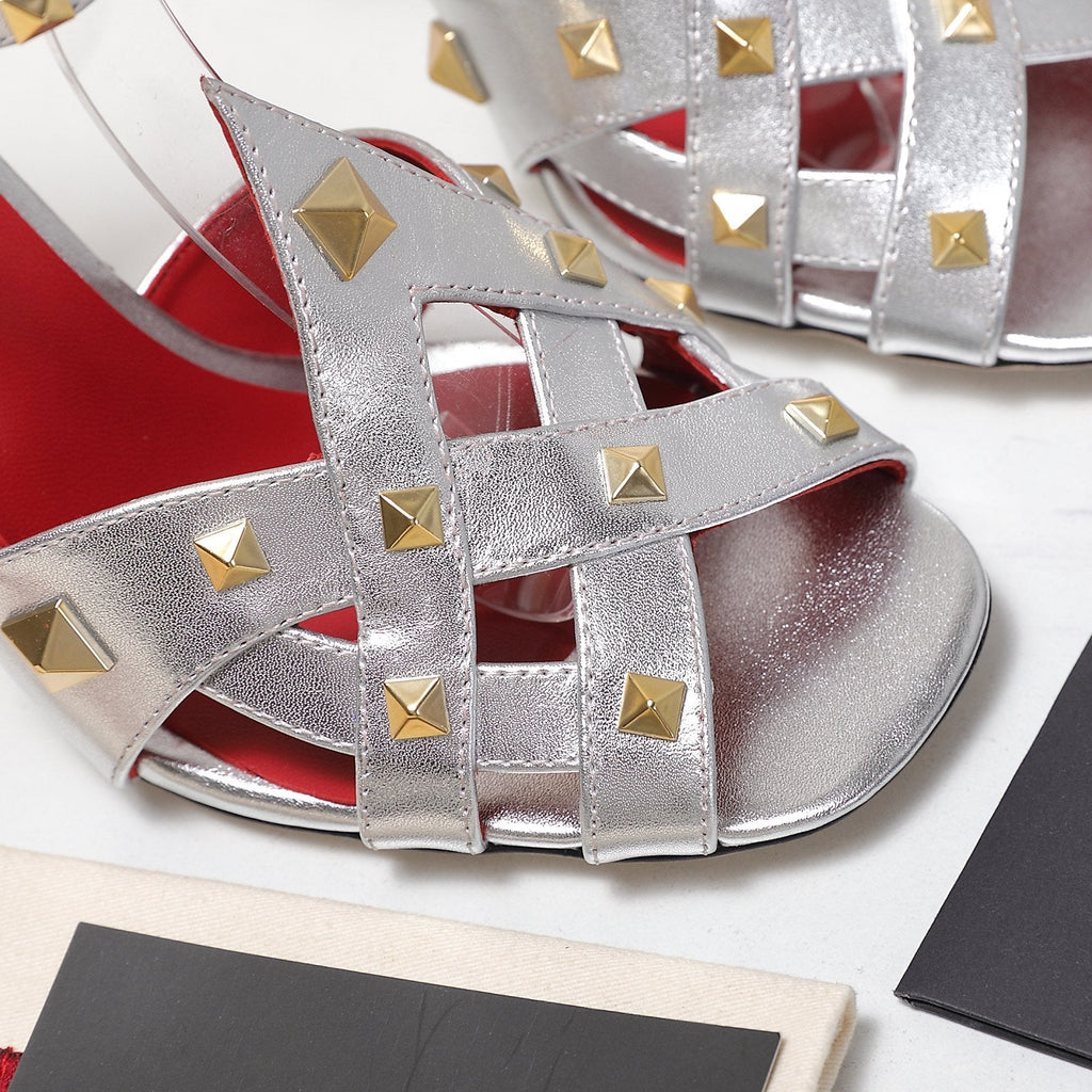 VALENTINO GARAVANI 100MM ROCKSTUD EMBELLISHED SANDALS IN SLIVER METALLIC CALFSKIN