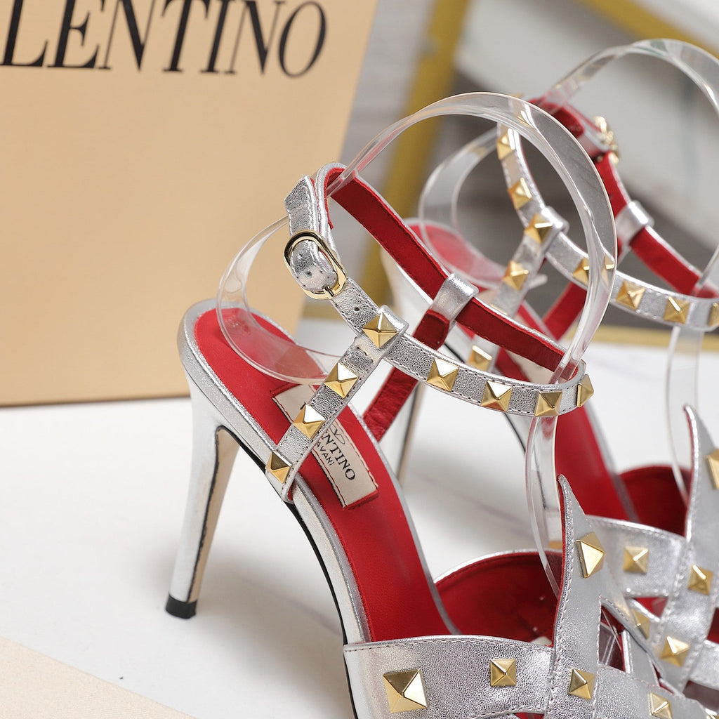 VALENTINO GARAVANI 100MM ROCKSTUD EMBELLISHED SANDALS IN SLIVER METALLIC CALFSKIN