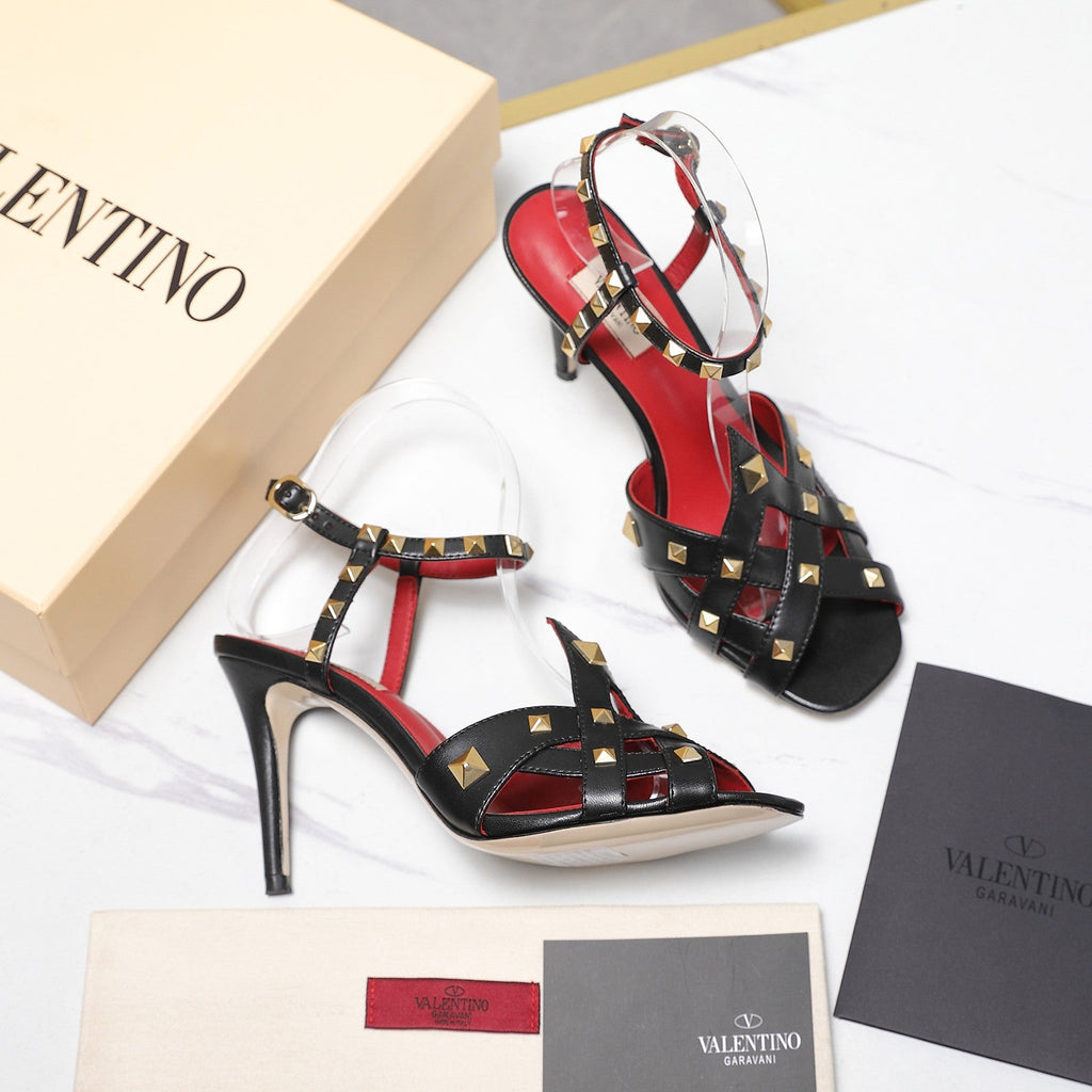 VALENTINO GARAVANI 100MM ROCKSTUD EMBELLISHED SANDALS IN BLACK CALFSKIN