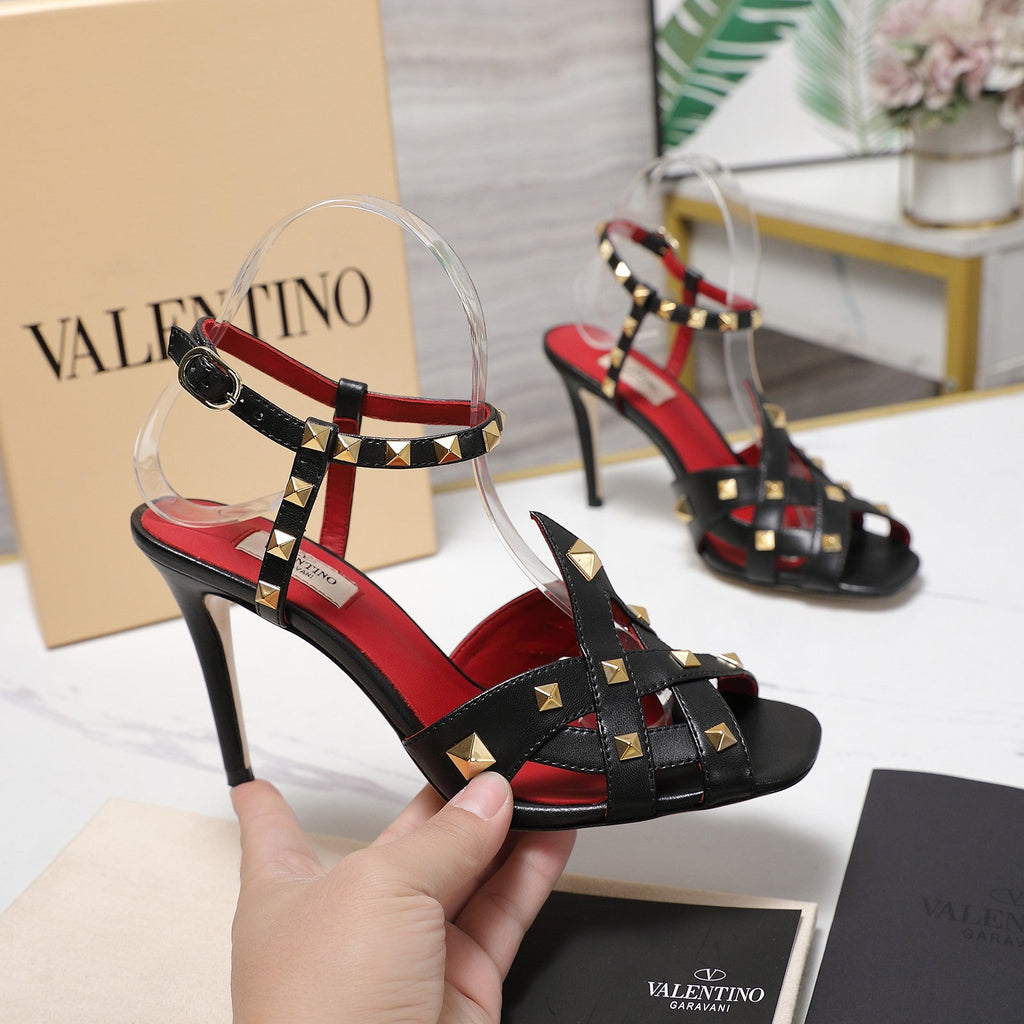 VALENTINO GARAVANI 100MM ROCKSTUD EMBELLISHED SANDALS IN BLACK CALFSKIN