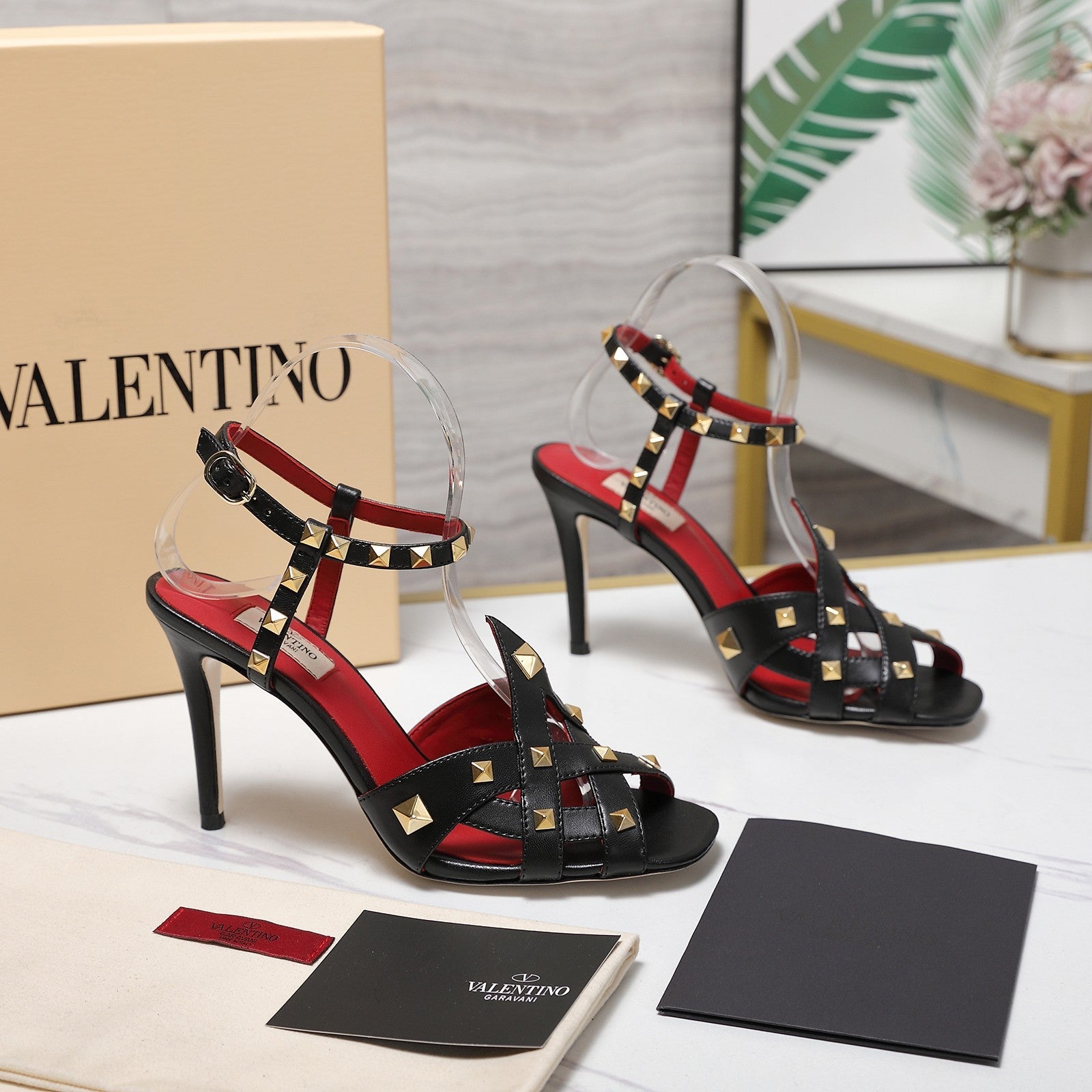 VALENTINO GARAVANI 100MM ROCKSTUD EMBELLISHED SANDALS IN BLACK CALFSKIN