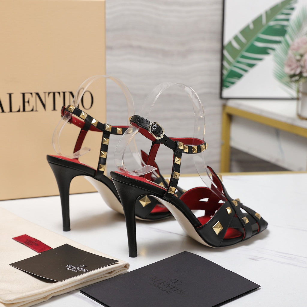 VALENTINO GARAVANI 100MM ROCKSTUD EMBELLISHED SANDALS IN BLACK CALFSKIN
