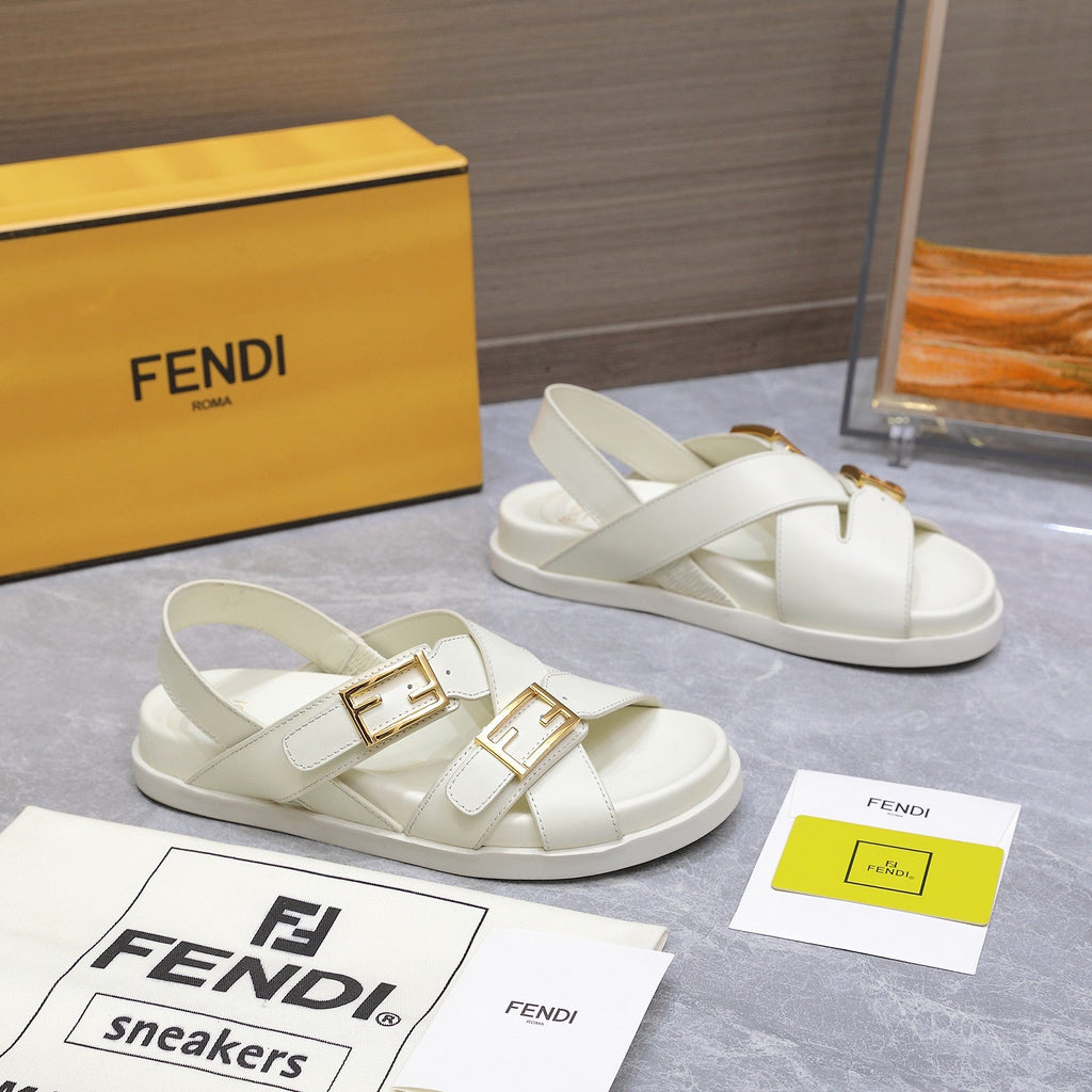 FENDI 26S FLAT SANDALS IN WHITE CALFSKIN