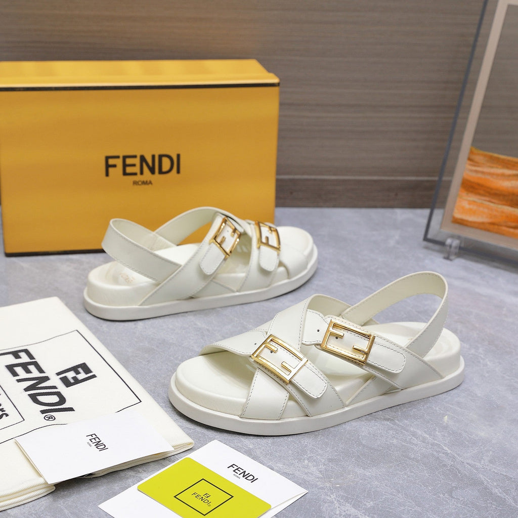 FENDI 26S FLAT SANDALS IN WHITE CALFSKIN