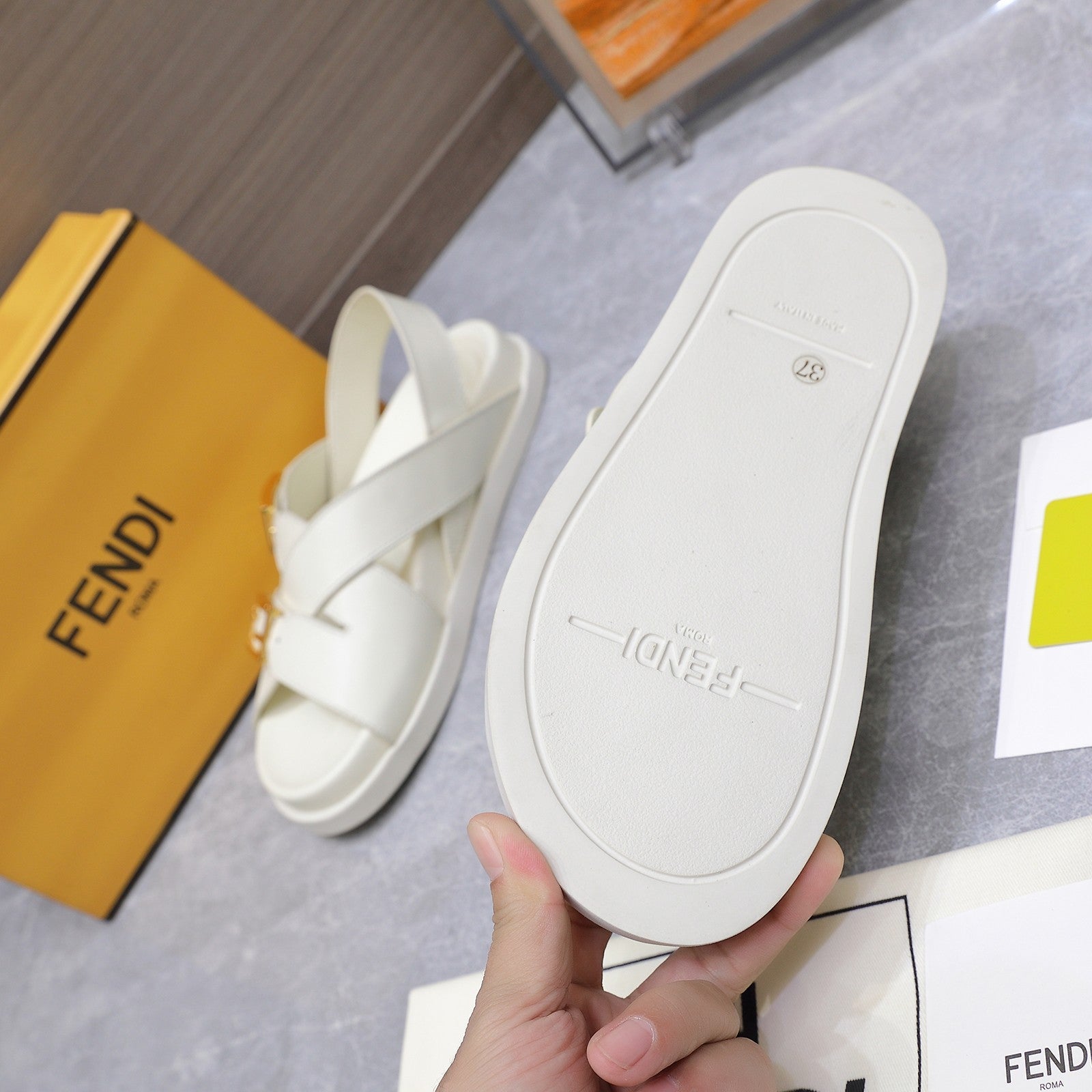 FENDI 26S FLAT SANDALS IN WHITE CALFSKIN