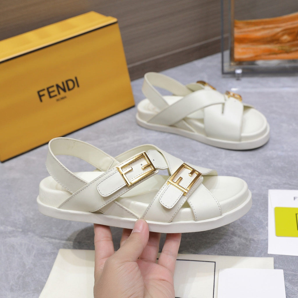 FENDI 26S FLAT SANDALS IN WHITE CALFSKIN