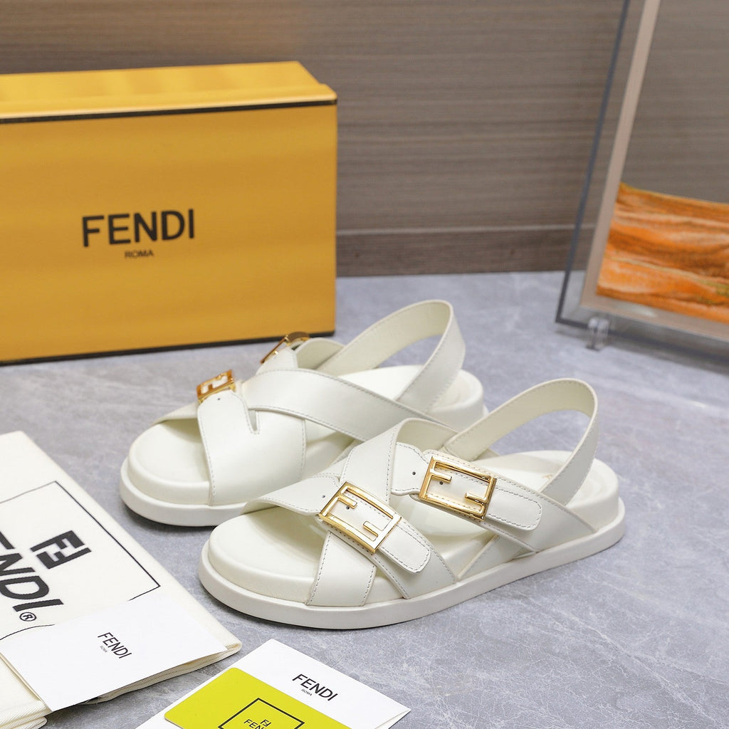 FENDI 26S FLAT SANDALS IN WHITE CALFSKIN