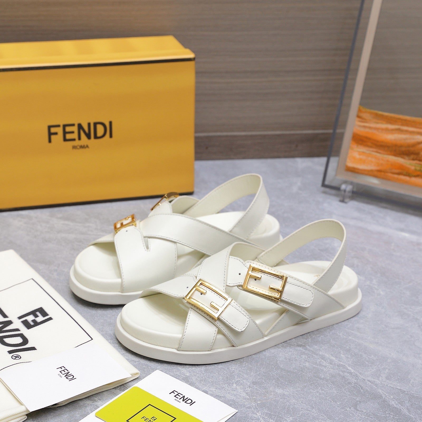 FENDI 26S FLAT SANDALS IN WHITE CALFSKIN