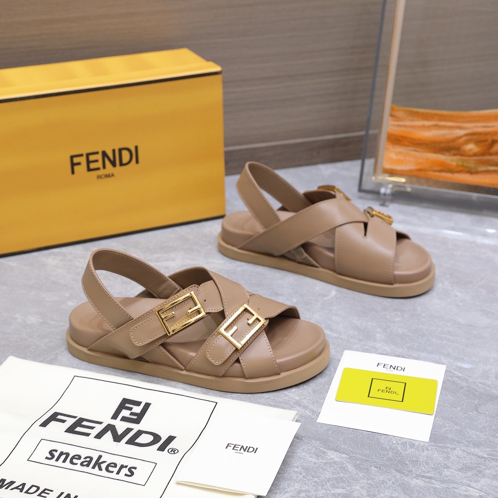 FENDI 26S FLAT SANDALS IN PALE BEIGE CALFSKIN
