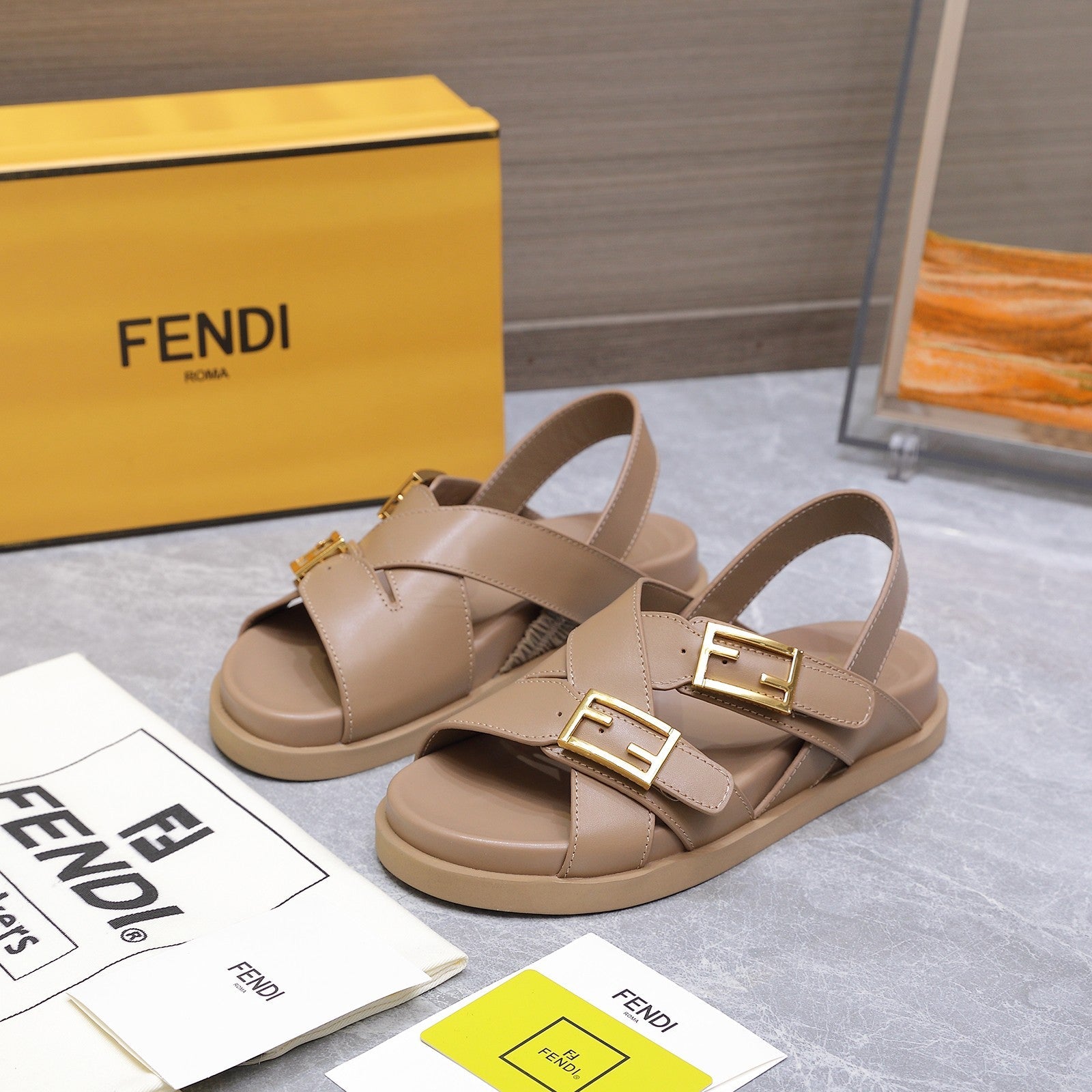 FENDI 26S FLAT SANDALS IN PALE BEIGE CALFSKIN