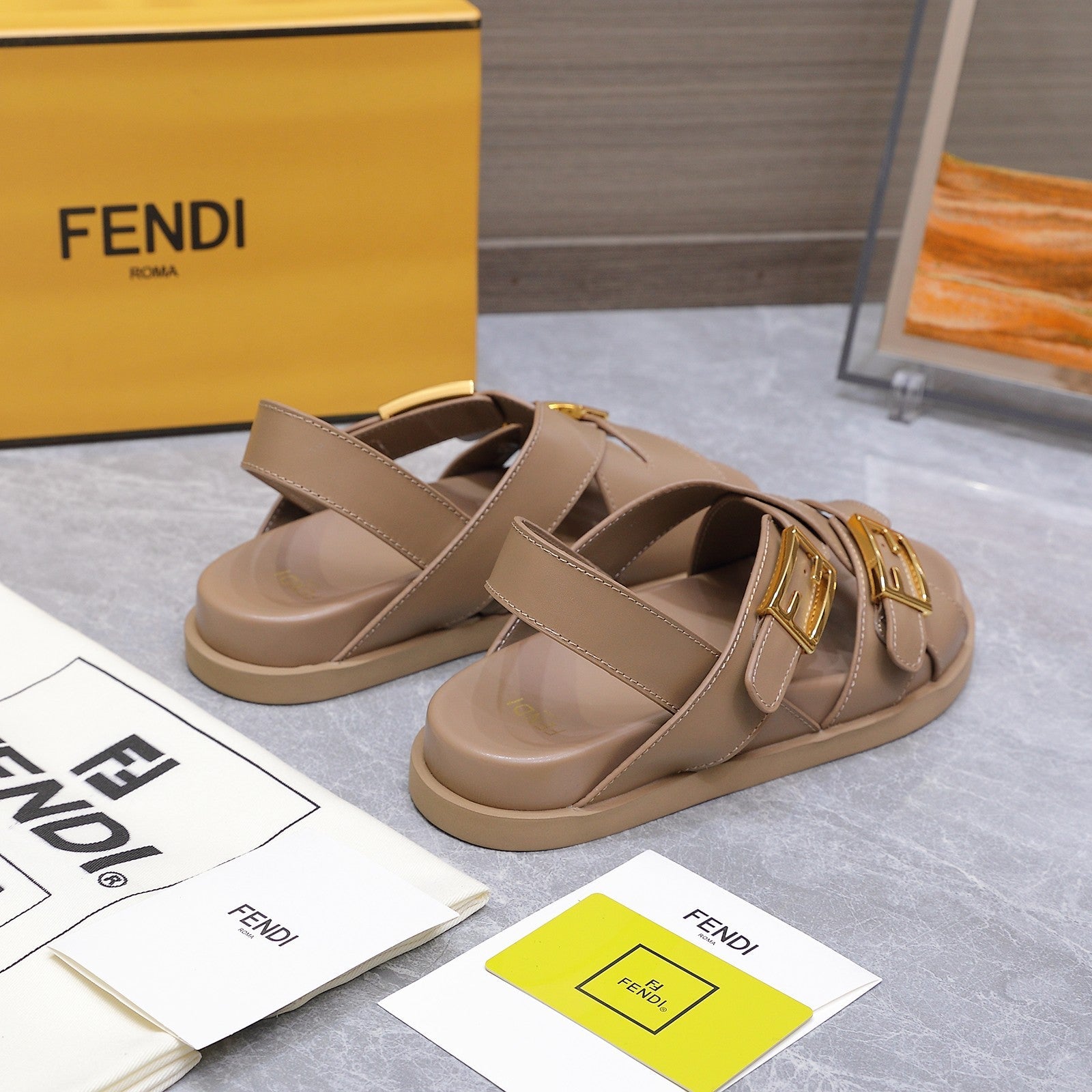 FENDI 26S FLAT SANDALS IN PALE BEIGE CALFSKIN