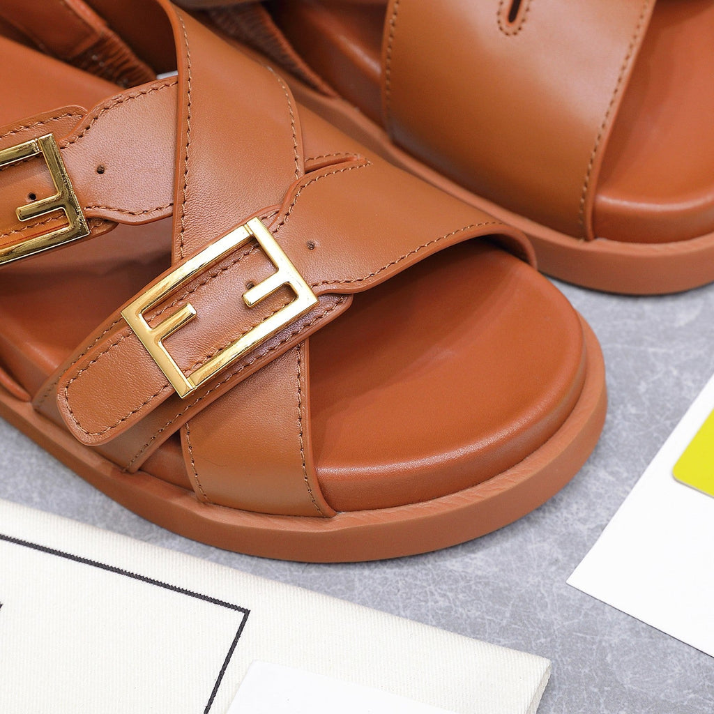 FENDI 26S FLAT SANDALS IN BROWN CALFSKIN