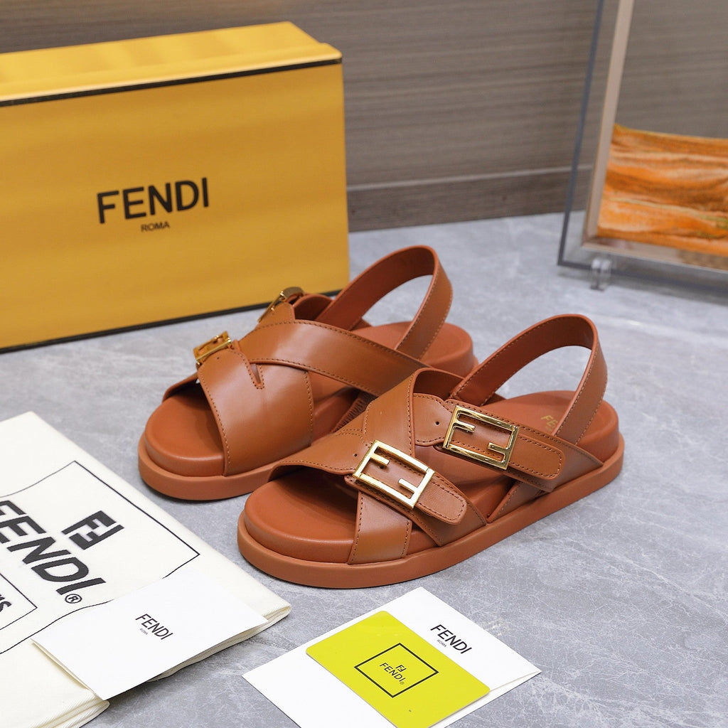 FENDI 26S FLAT SANDALS IN BROWN CALFSKIN