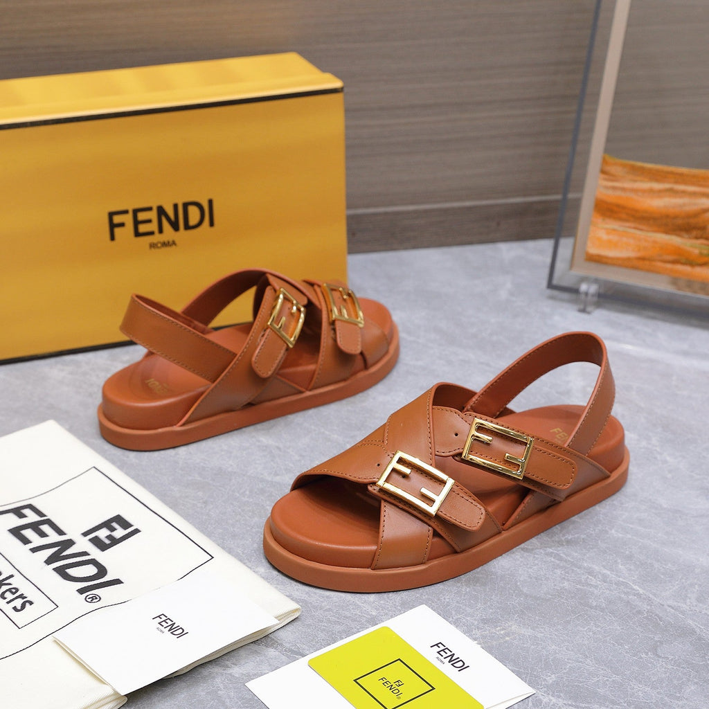 FENDI 26S FLAT SANDALS IN BROWN CALFSKIN