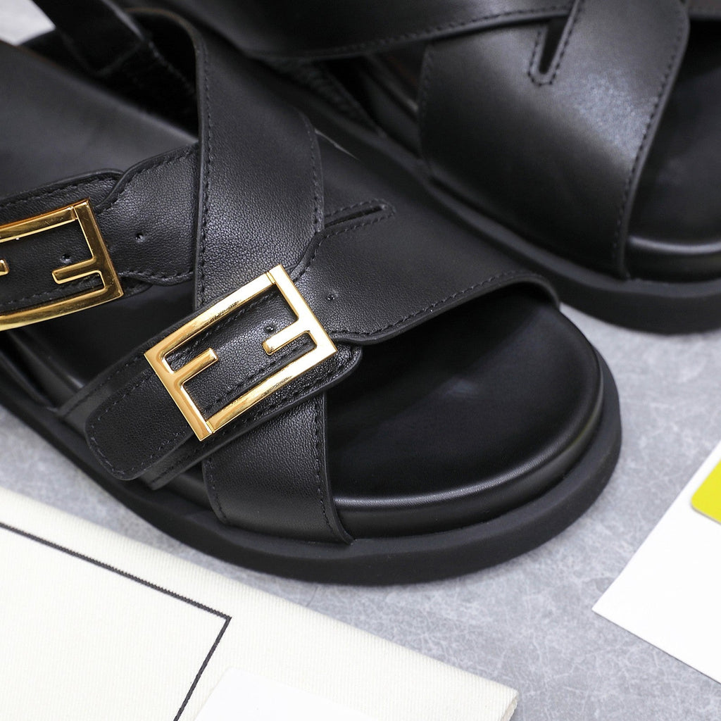 FENDI 26S FLAT SANDALS IN BLACK CALFSKIN