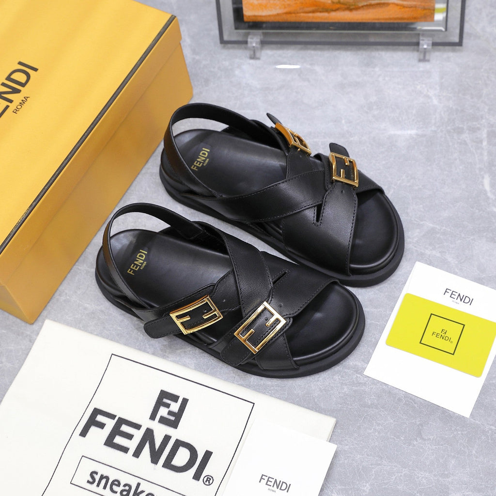 FENDI 26S FLAT SANDALS IN BLACK CALFSKIN