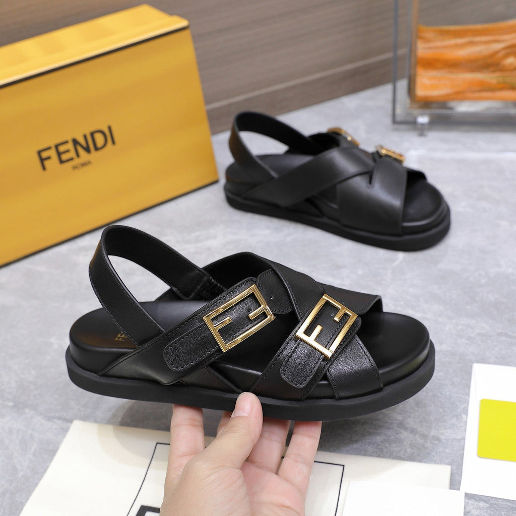 FENDI 26S FLAT SANDALS IN BLACK CALFSKIN
