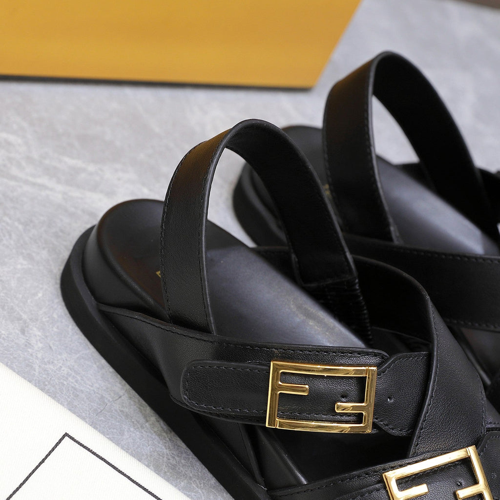 FENDI 26S FLAT SANDALS IN BLACK CALFSKIN