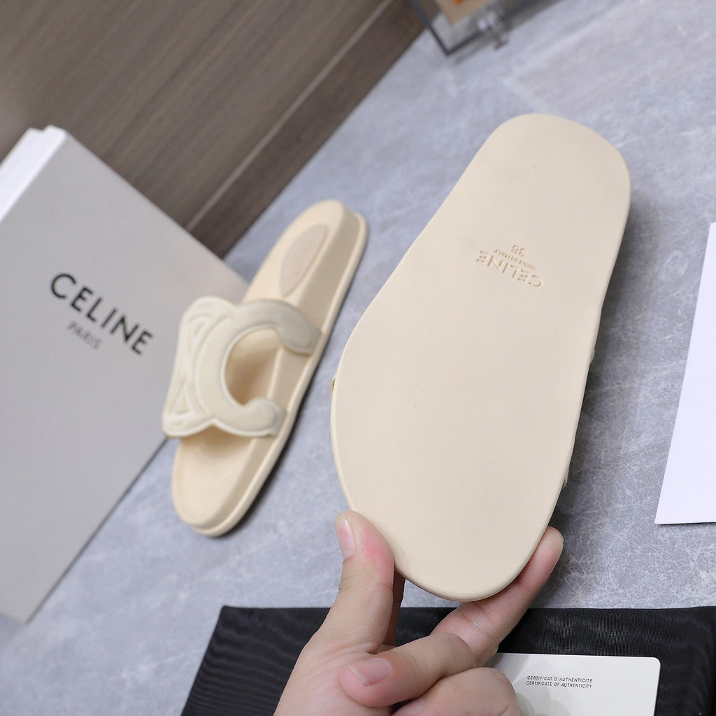 CELINE 26S TRIOMPHE SLIDES IN CREAM WHITE SUEDE