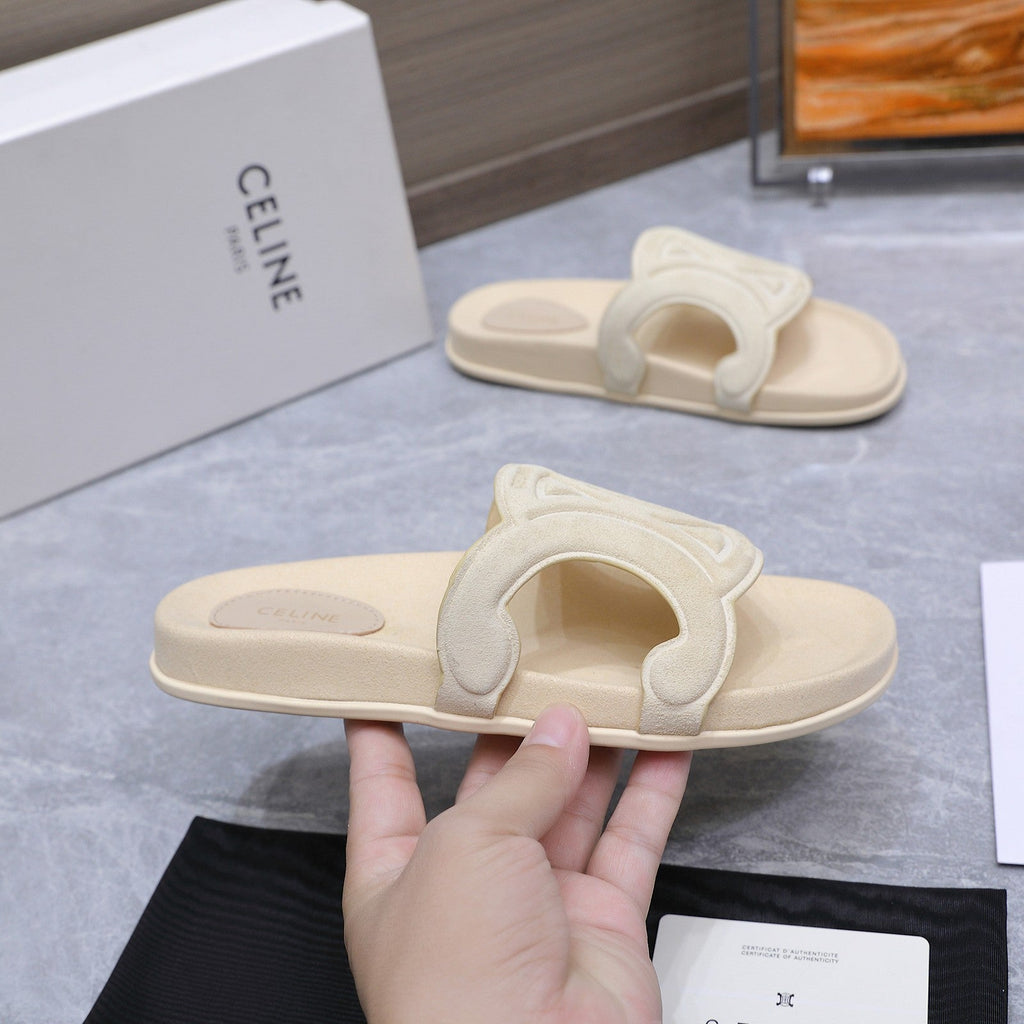 CELINE 26S TRIOMPHE SLIDES IN CREAM WHITE SUEDE