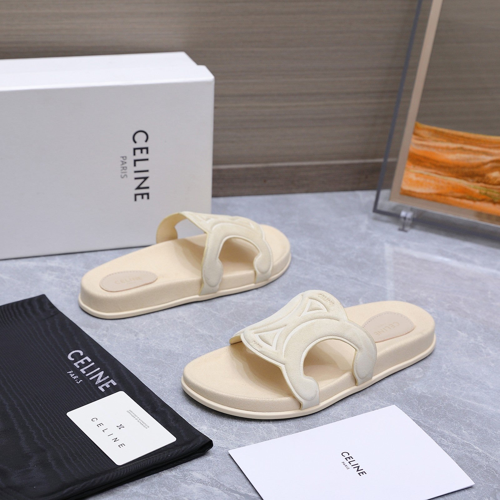 CELINE 26S TRIOMPHE SLIDES IN CREAM WHITE SUEDE