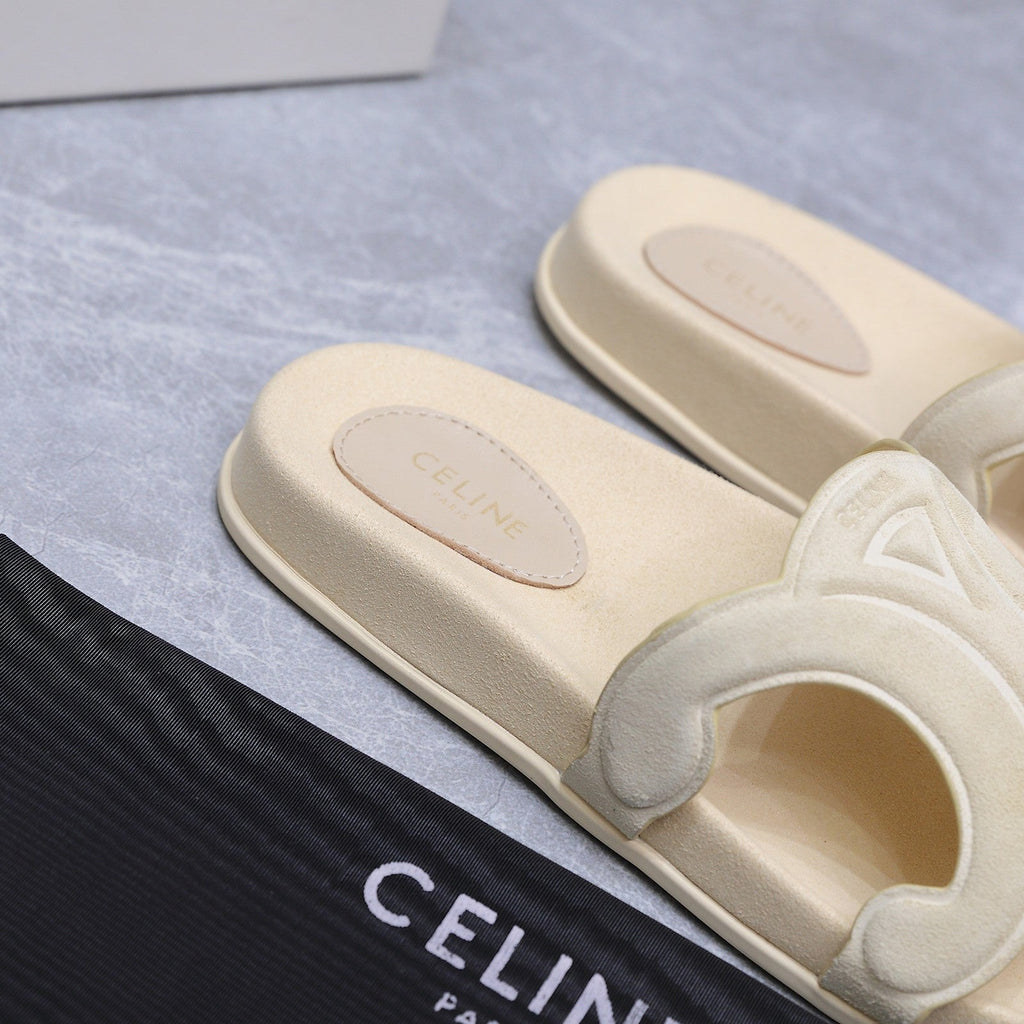 CELINE 26S TRIOMPHE SLIDES IN CREAM WHITE SUEDE