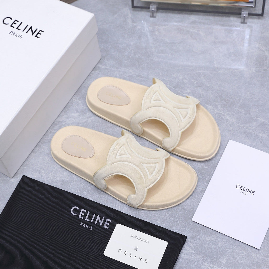 CELINE 26S TRIOMPHE SLIDES IN CREAM WHITE SUEDE